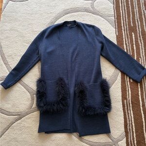 Kobi Halperin Navy Cardigan with Black Faux Fur Accents